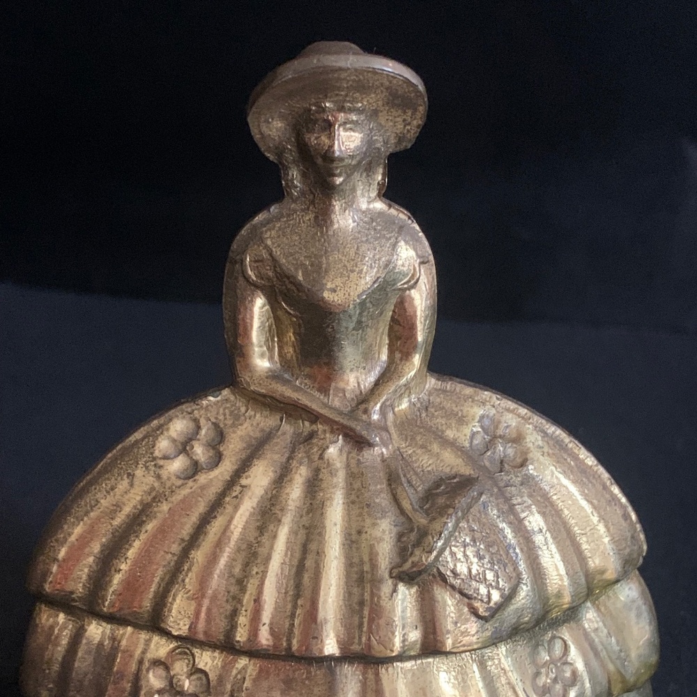 Antique Solid Brass Woman Hoop Skirt Bonnet Figural Dinner Bell England